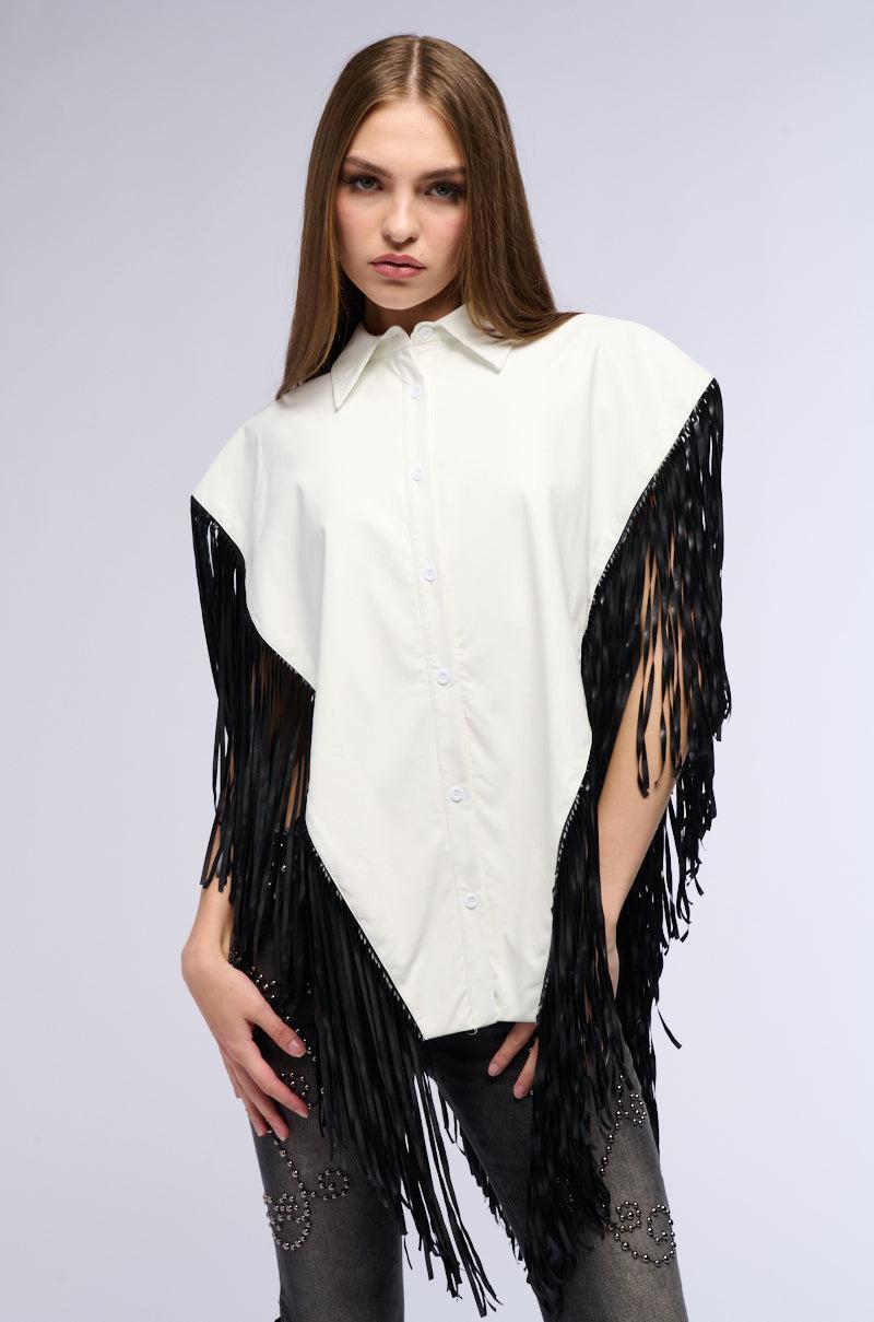 FLY HIGH FAUX LEATHER TOP WITH FRINGE Product Image