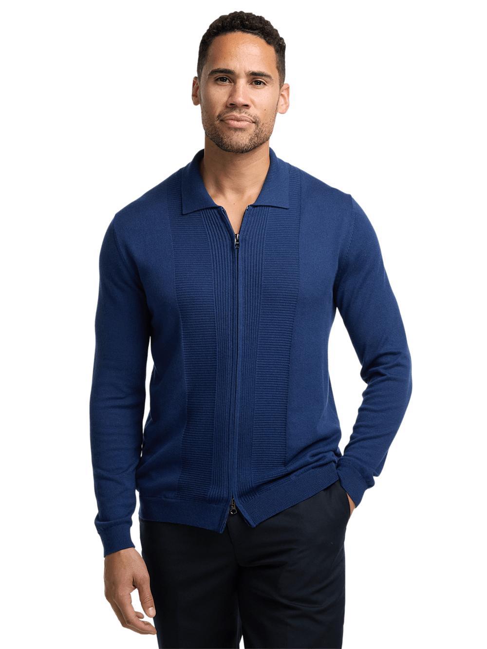 Silk Cotton Cashmere Full Zip Polo - Navy Product Image