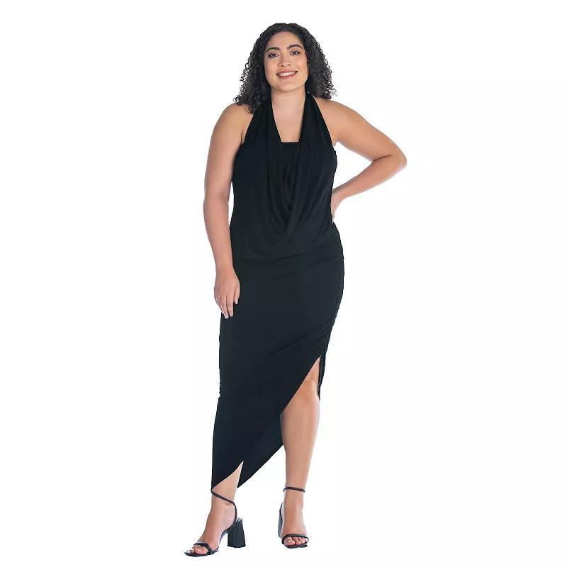 Plus Size 24Seven Comfort Apparel Cowlneck Long Asymmetrical Backless Halter Dress, Womens Product Image