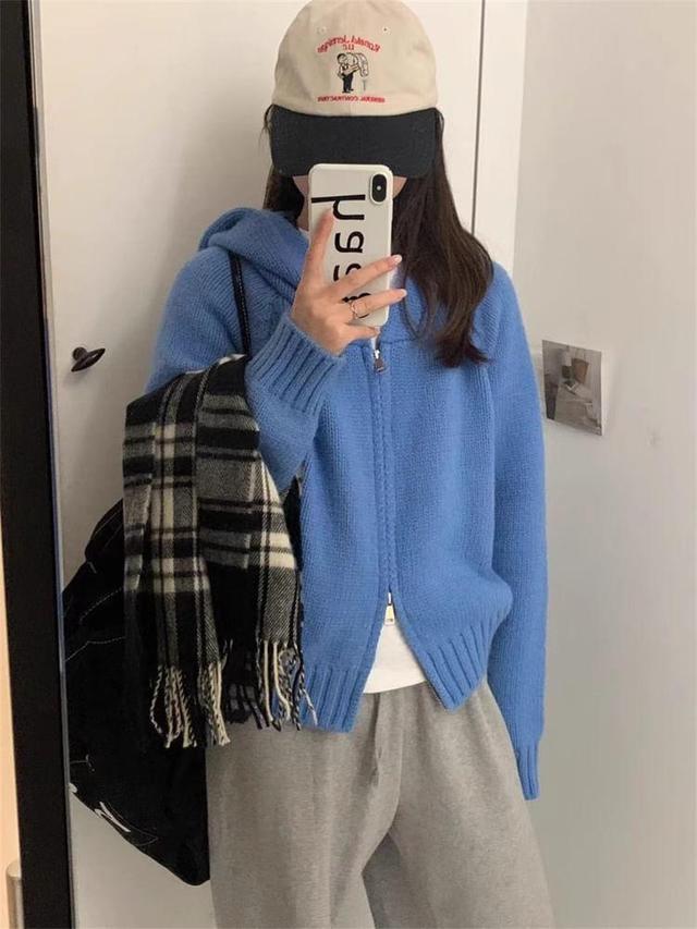 Plain Zip-Up Crop Knit Hoodie Product Image