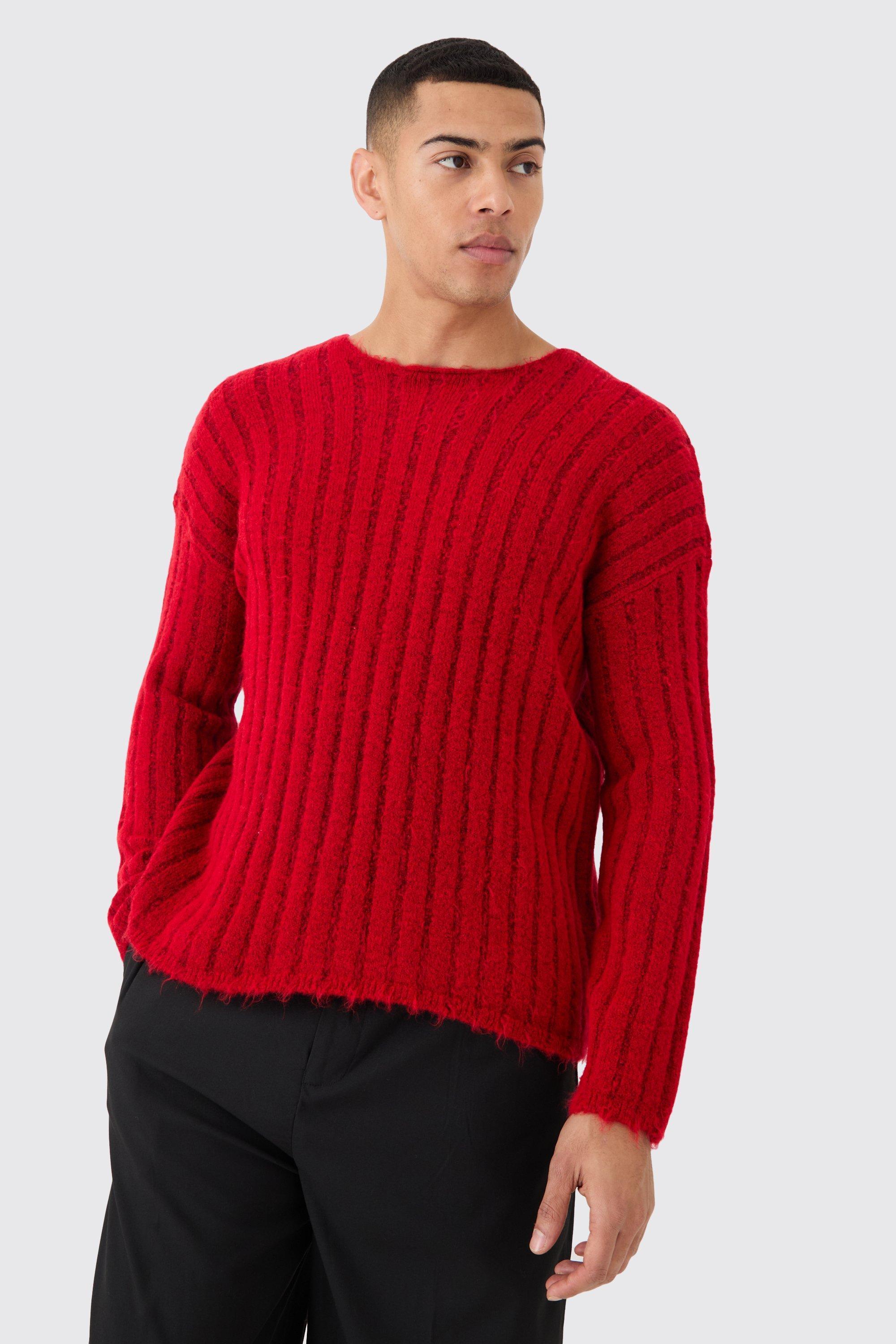 Mens Boxy Open Stitch Ladder Detail Jumper In Red, Red Product Image