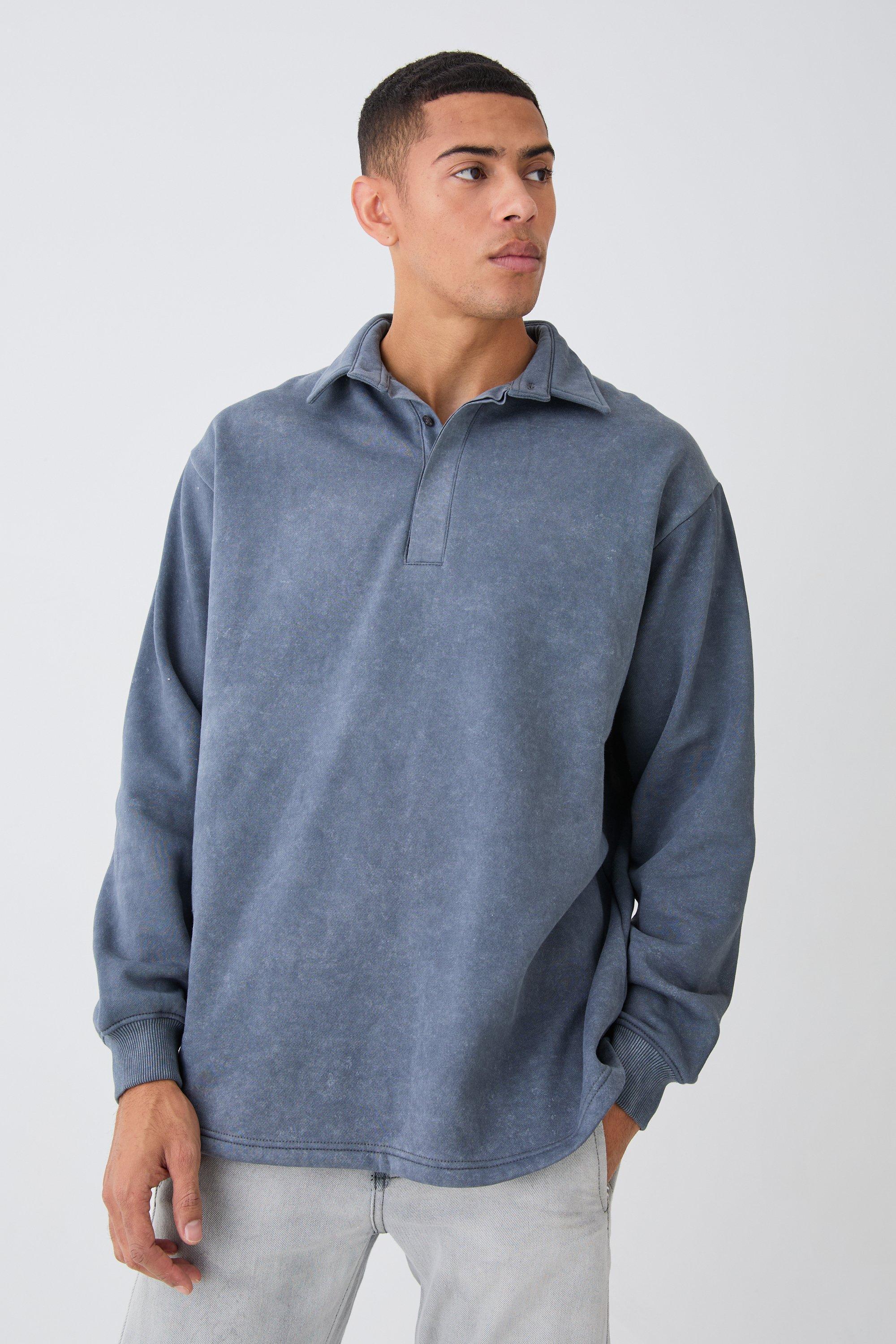 Oversized Washed Rugby Sweatshirt Polo | boohooMAN USA Product Image