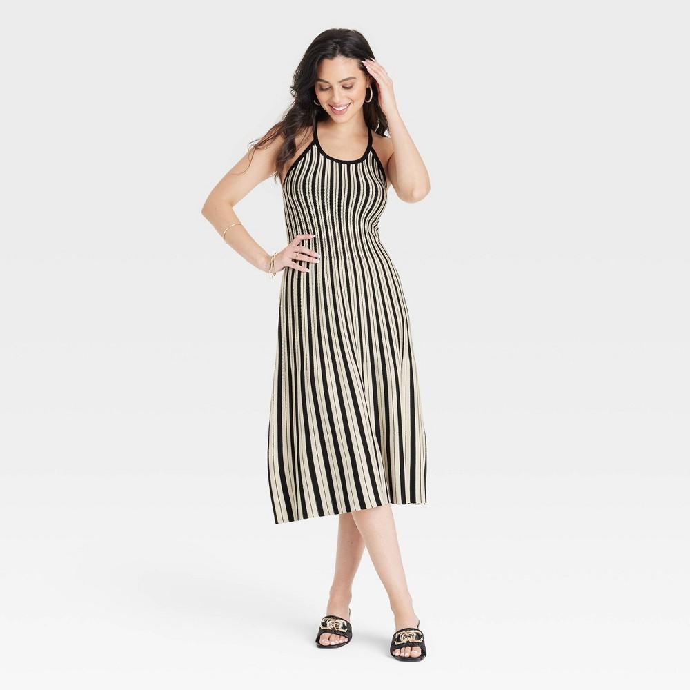 Womens Tank Midi Sweater Dress - A New Day Tan/Black Striped L Product Image