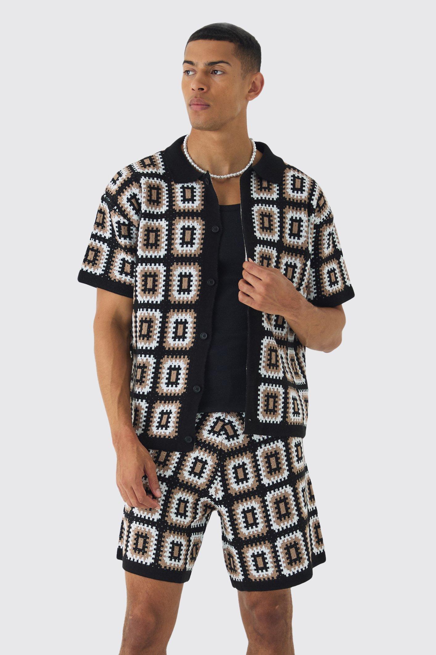 Oversized Boxy Crochet Knit Shirt And Short Set | boohooMAN USA Product Image