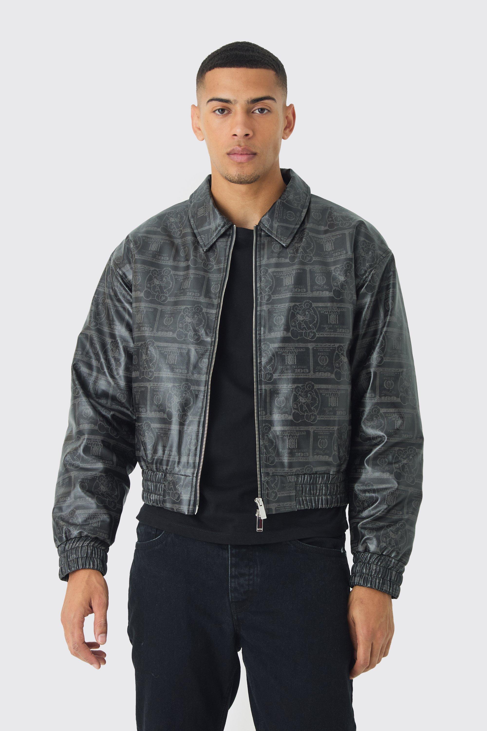 Boxy Dollar Print PU Bomber Jacket In Black | boohooMAN USA product image