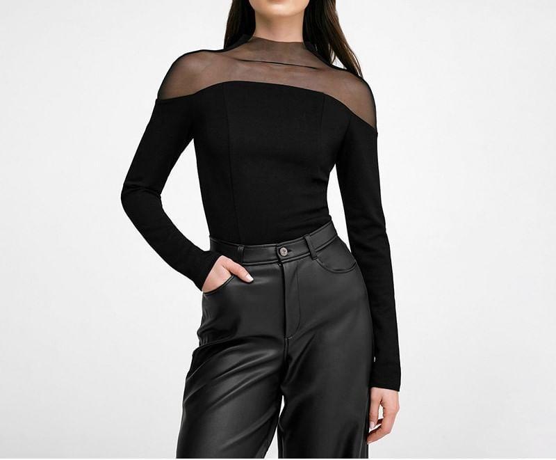 Long-Sleeve Mock Neck Plain Mesh Panel T-Shirt Product Image