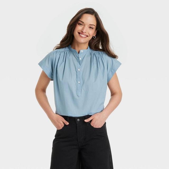 Womens Popover Short Sleeve Blouse - Universal Thread Blue XL Product Image