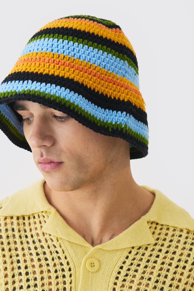 Stripe Crochet Bucket Hat In Black | boohooMAN USA Product Image