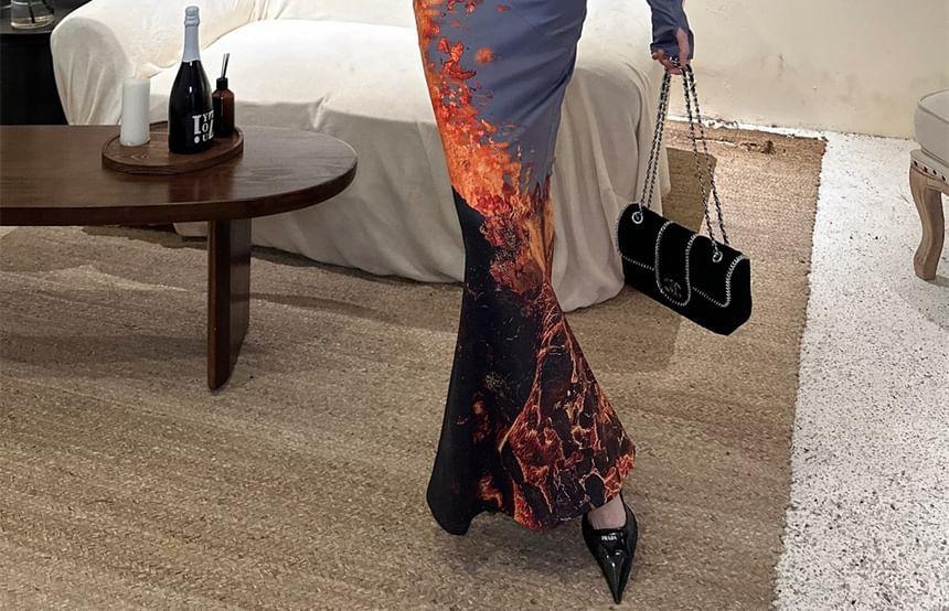 Long Sleeve Off Shoulder Flamed Print Maxi Sheath Dress Product Image