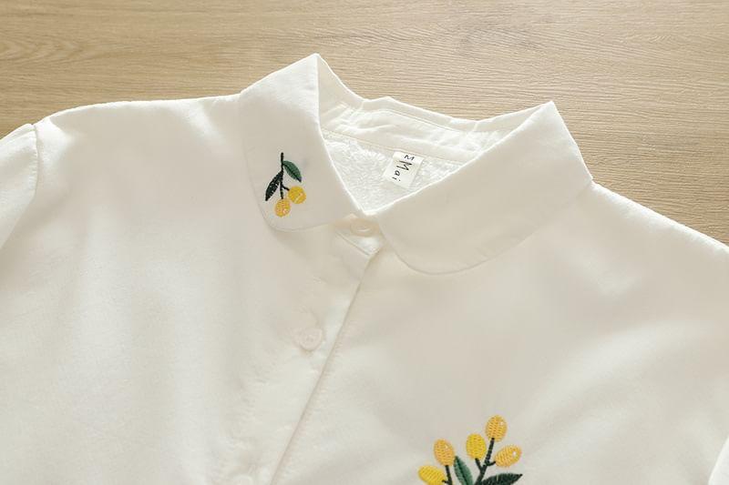 Long Sleeve Collared Floral Embroidered Shirt Product Image