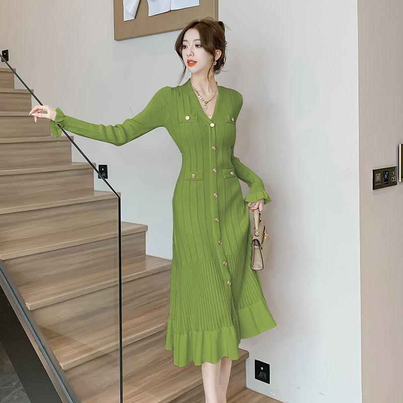 Long-Sleeve V-Neck Plain Button Ribbed Midi A-Line Knit Dress Product Image