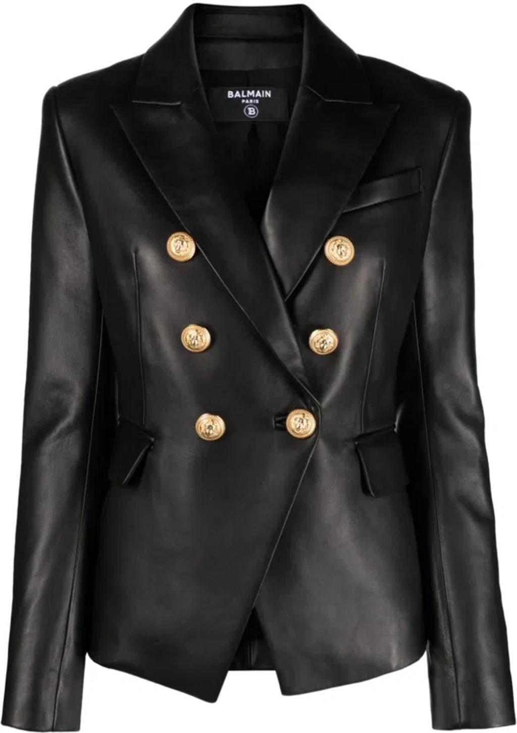 Women's Double-breasted Leather Blazer In Black Product Image