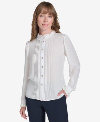 Tommy Hilfiger Womens Lace-Trim Ruffled Blouse Product Image