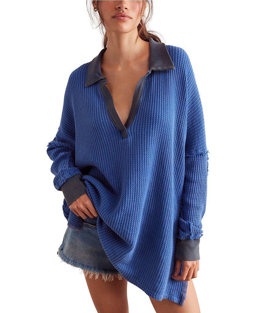 Free People We The Free Travis Polo Waffle Knit V-Neck Collar Neck Long Sleeve Top Product Image