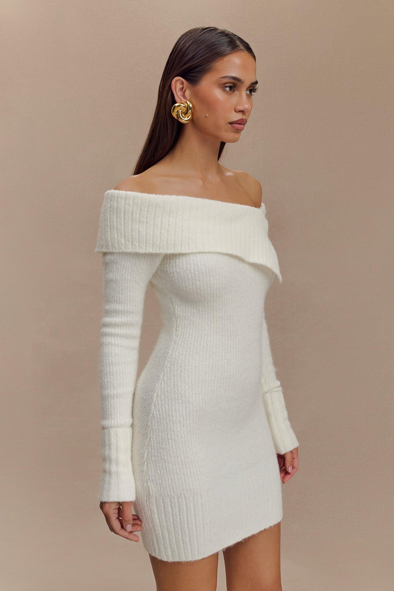 Stephanie Asymmetric Knit Mini Dress - Ivory Product Image