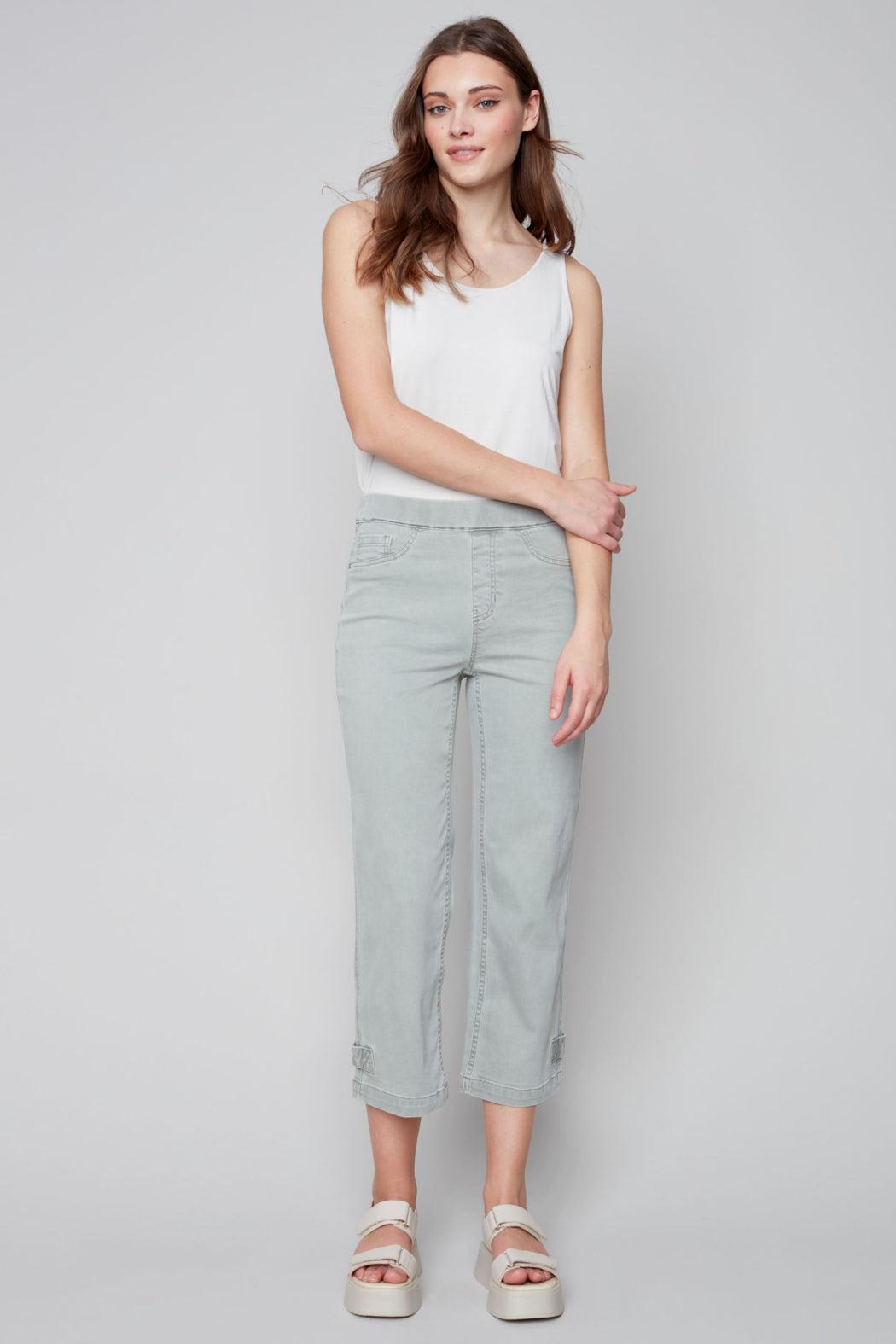 Pull on denim pant with side button detail Product Image