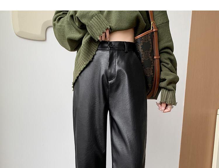 High Waist Plain Faux Leather Cropped Tapered Pants Product Image