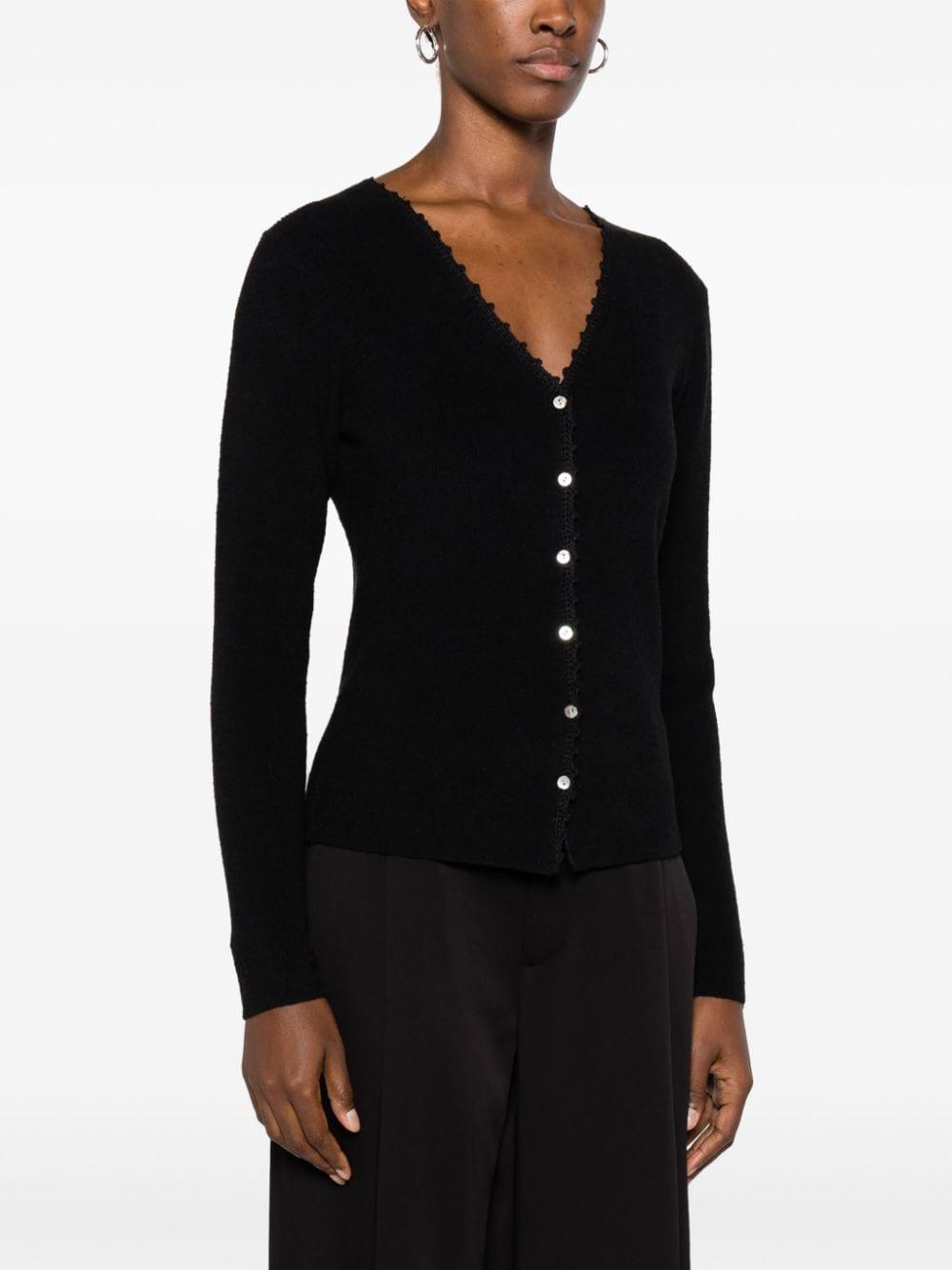 Crochet-trim Ribbed Knit Cardigan Sweater In Black Product Image