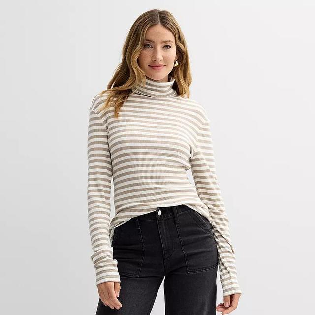 Womens Sonoma Goods For Life Ribbed Long Sleeve Turtleneck Snow Brown Stripe Product Image