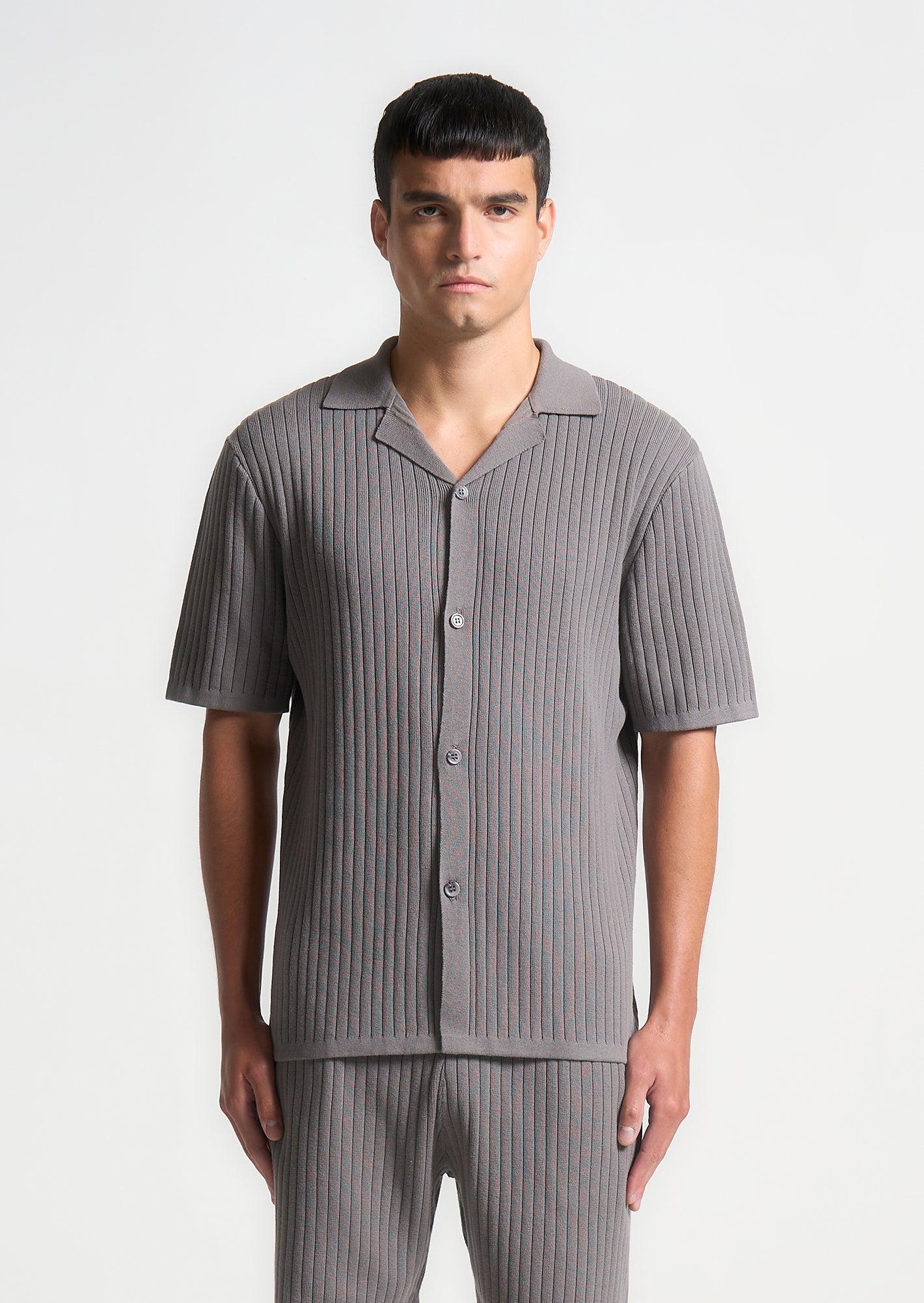 Ribbed Knit Revere Shirt - Grey Male Product Image