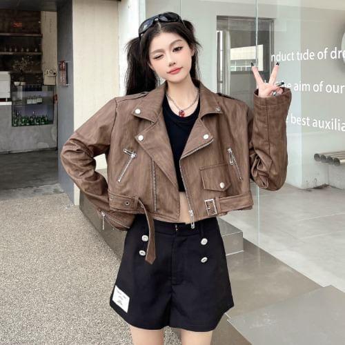 Lapel Collar Plain Zip-Up Faux Leather Crop Biker Jacket Product Image