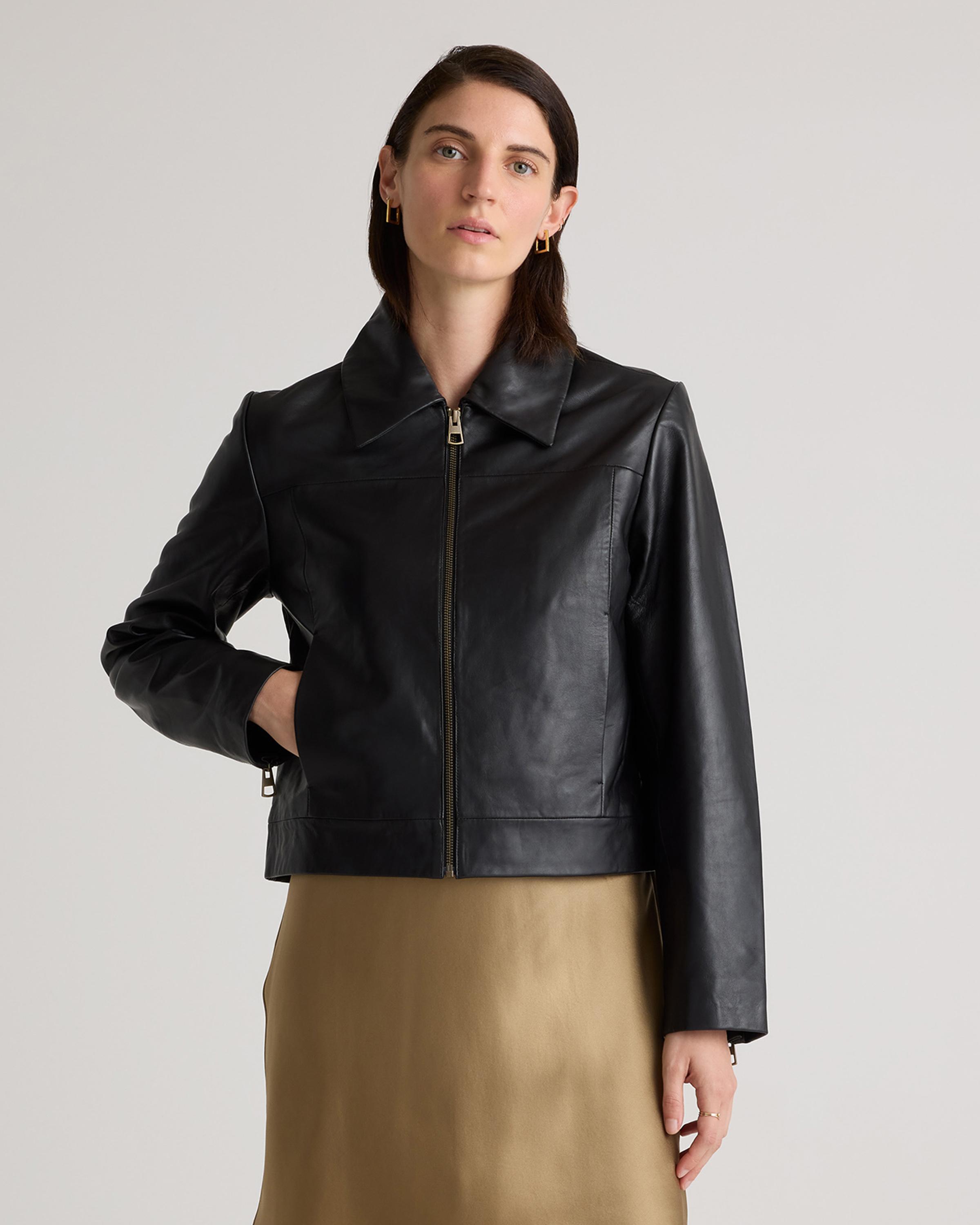 100% Leather Cropped Zip-Front Jacket Product Image