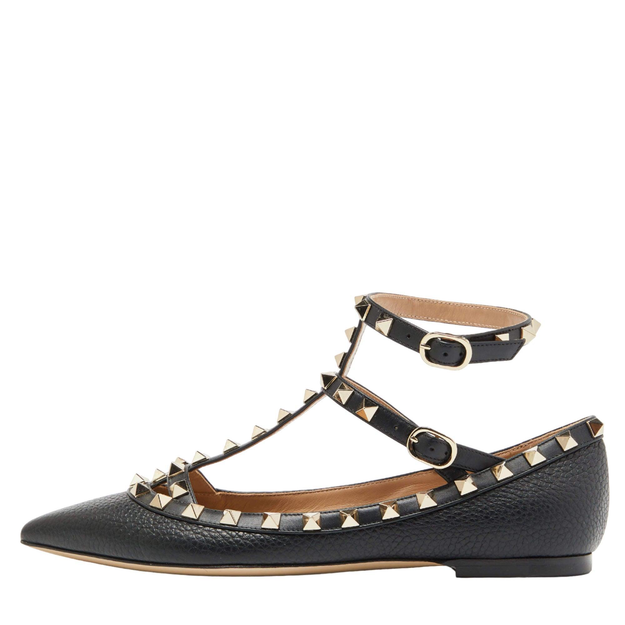 Leather Rockstud Ankle Strap Ballerinas In Black Product Image