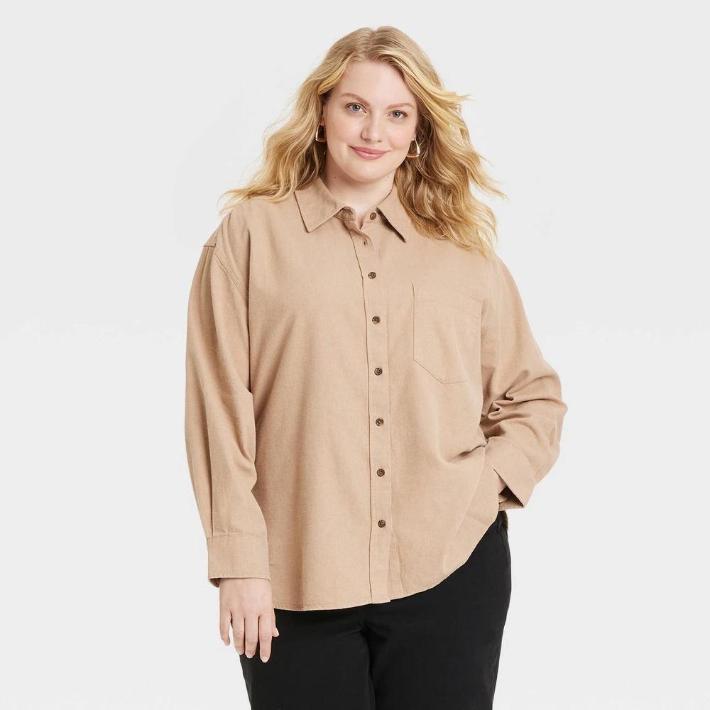 Womens Oversized Flannel Long Sleeve Collared Button-Down Shirt - Universal Thread Tan XXL Product Image