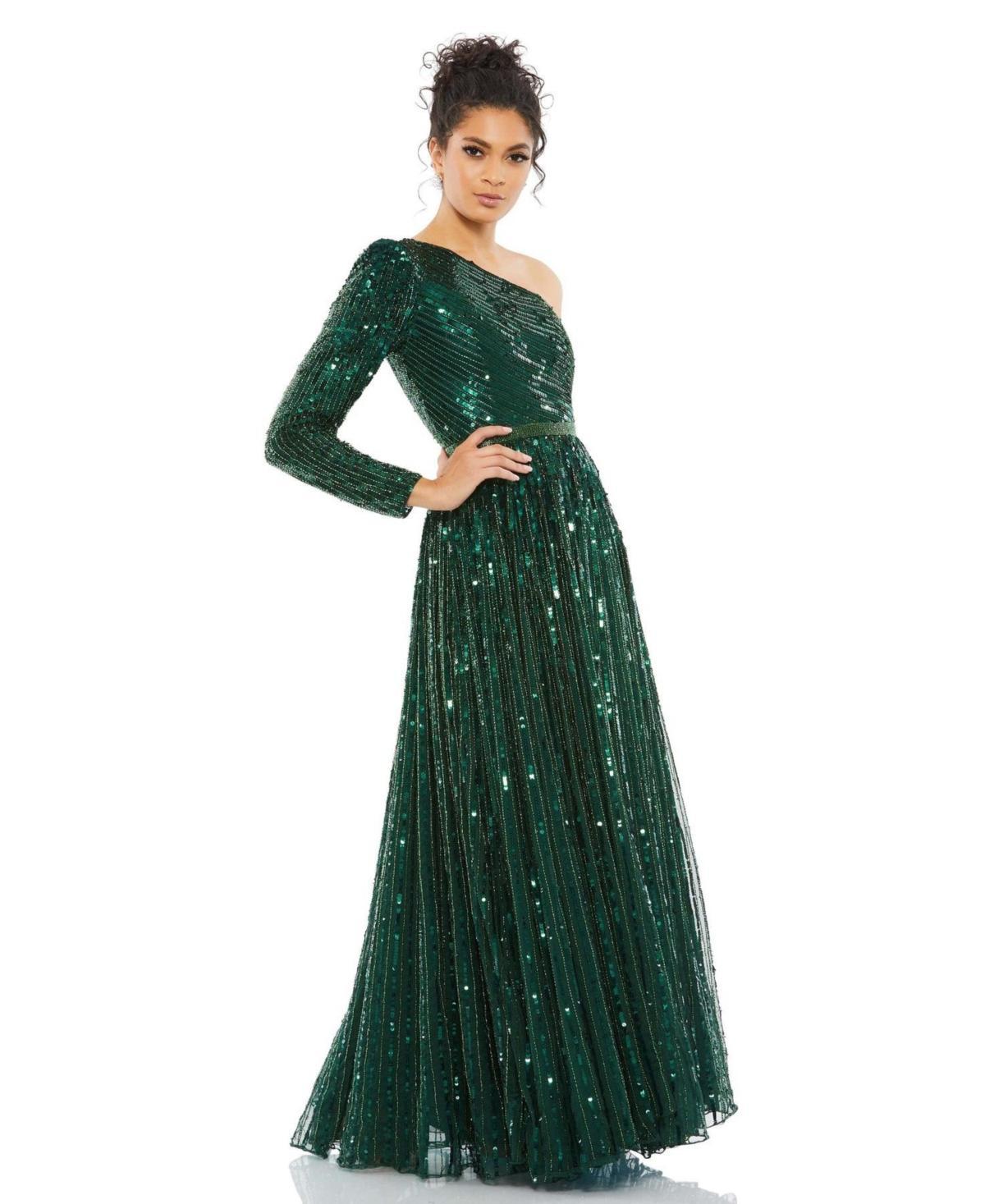 Mac Duggal Sequined Tulle One Shoulder Long Sleeve A Product Image