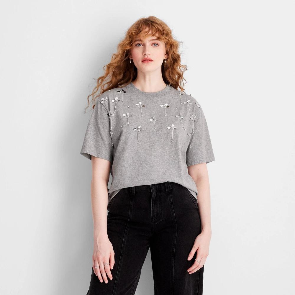 Womens Short Sleeve Embellished T-Shirt - Future Collective Heather product image