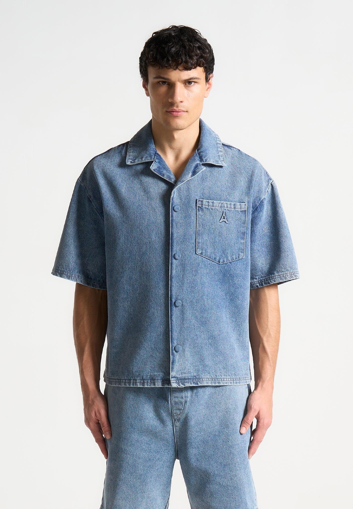 Boxy Denim Revere Shirt - Mid Blue Male Product Image