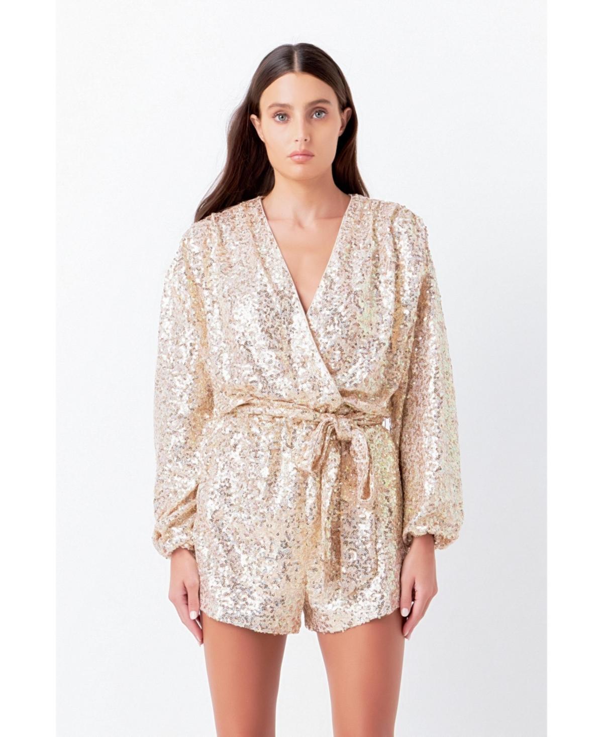 Womens Sequins Wrapped Romper with Belt Product Image