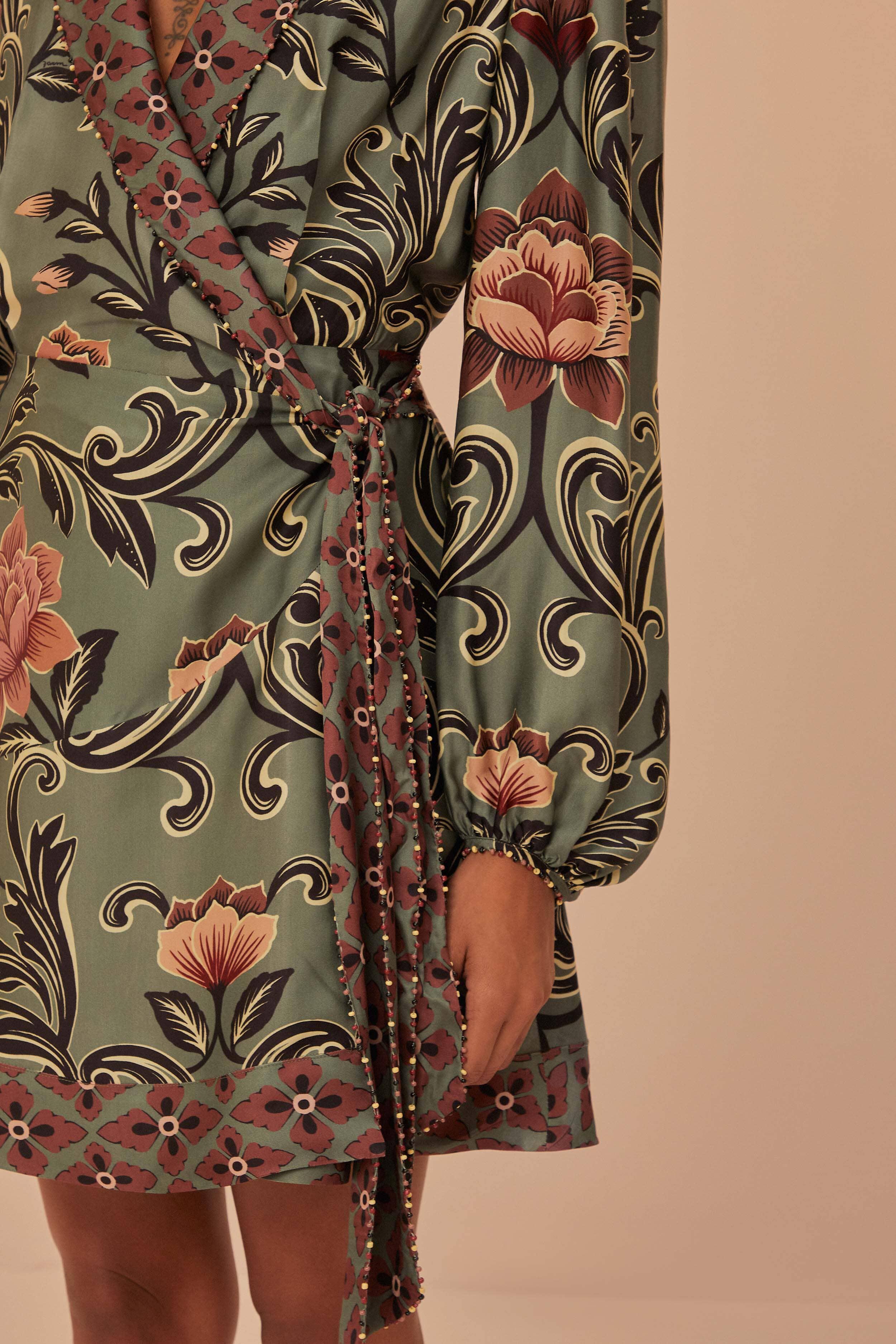 Arabesque Floral Green Long Sleeve Mini Dress Product Image