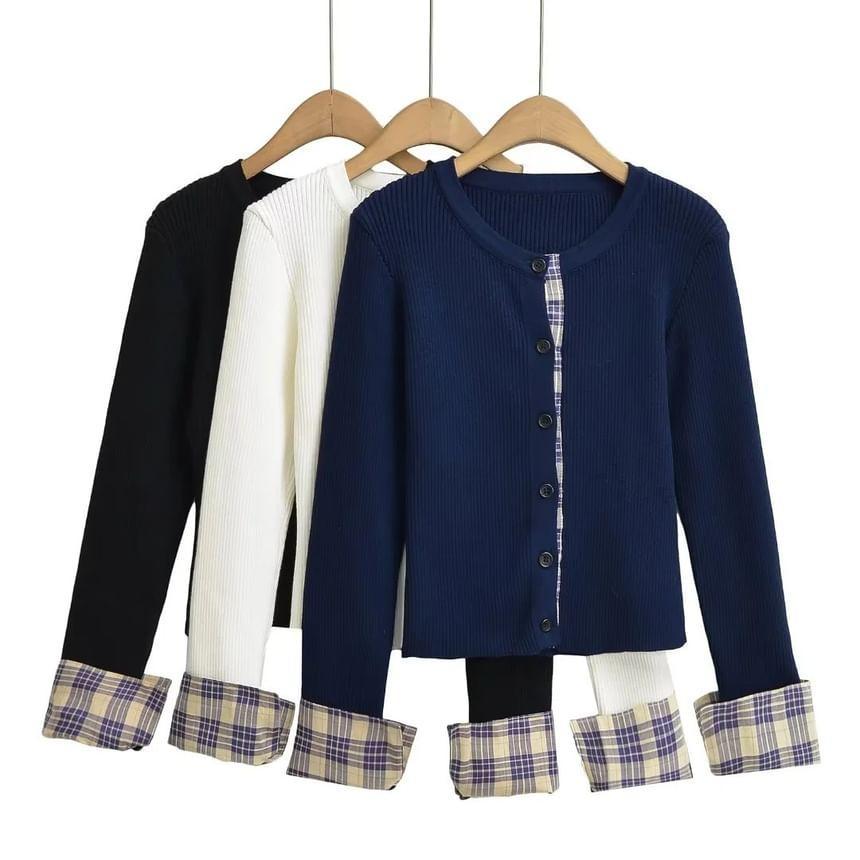 Crewneck Button-Up Plain Crop Cardigan Product Image