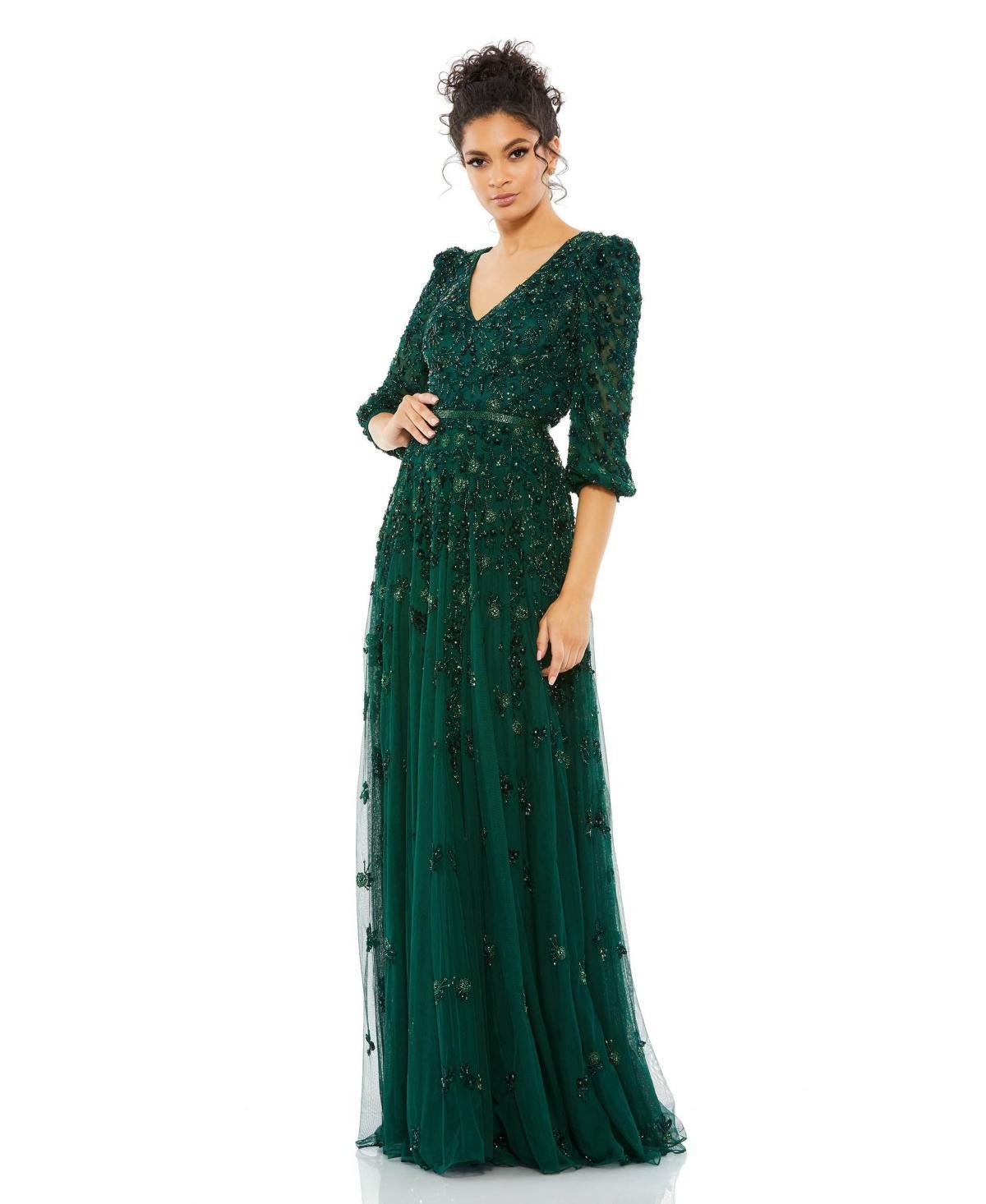 Mac Duggal Womens Embellished V Neck 3/4 Sleeve A Line Gown Product Image