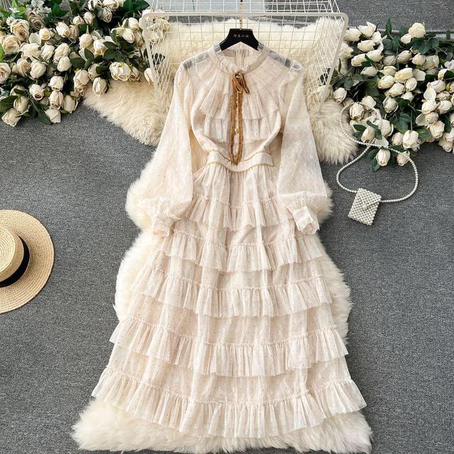 Long-Sleeve Bow Tiered Mesh Midi A-Line Dress Product Image