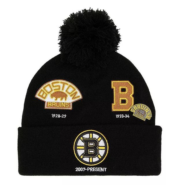 Mens Mitchell & Ness Black/ Boston Bruins 100th Anniversary Collection Timeline Cuffed Knit Hatwith Pom Product Image