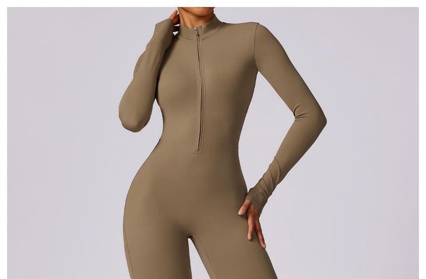 Long-Sleeve Half Zip Plain Sports Jumpsuit Product Image