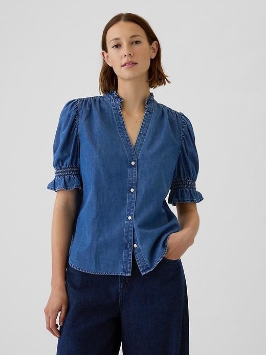 Puff Sleeve Denim Shirt Product Image