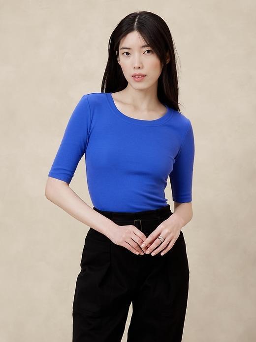 Ribbed Elbow-Sleeve T-Shirt Product Image