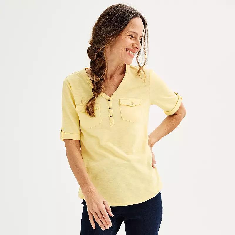 Petite Croft & Barrow Elbow Sleeve Utility Henley Top, Womens Bitter Yellow Product Image