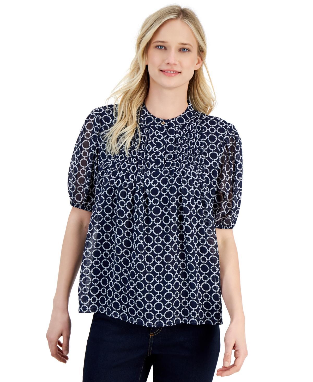 Nautica Jeans Womens Circle-Print Pintuck Short-Sleeve Popover Top product image