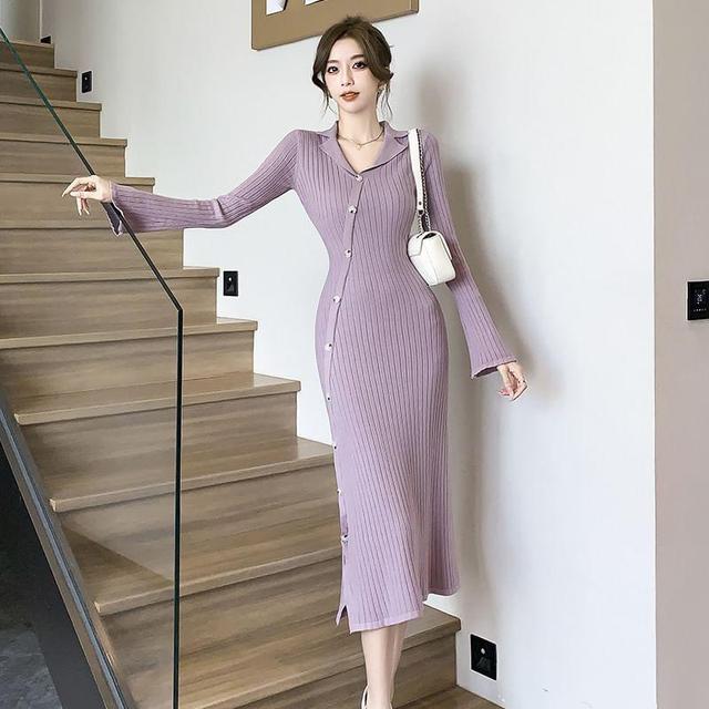 Long-Sleeve V-Neck Asymmetrical Plain Button-Up Midi Knit Dress Product Image