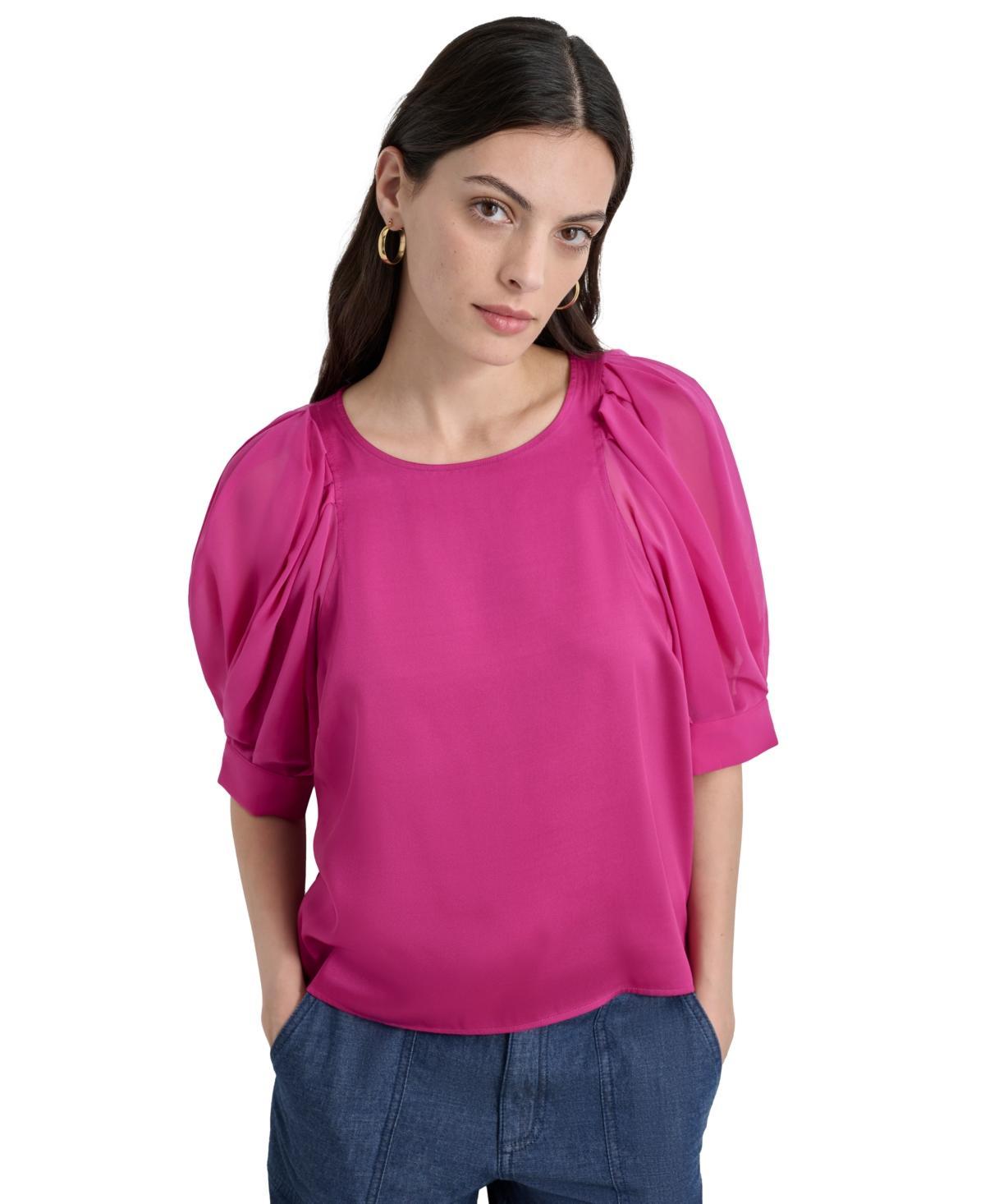 Women's Mixed-Media Chiffon Puff-Sleeve Top Product Image