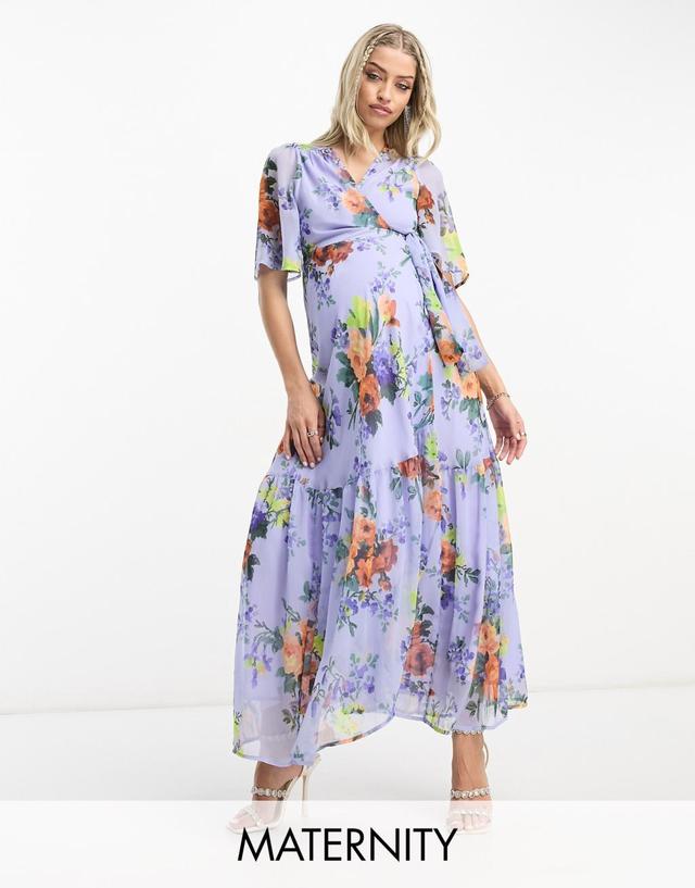 Hope & Ivy Maternity flutter sleeve wrap midaxi dress in lilac floral Product Image