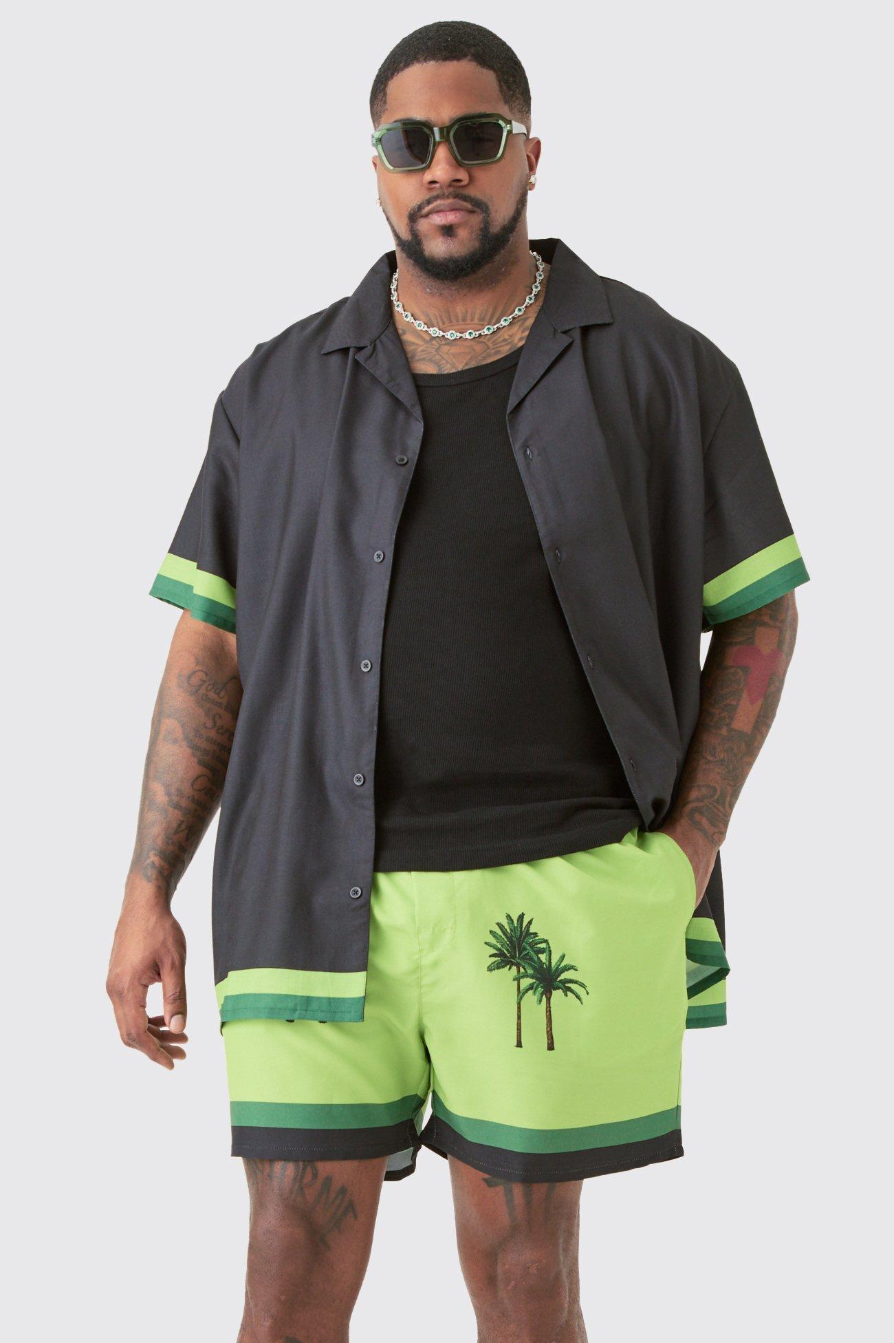 Plus Oversized Resort Print Shirt & Swim Short Set In Black | boohooMAN USA Product Image