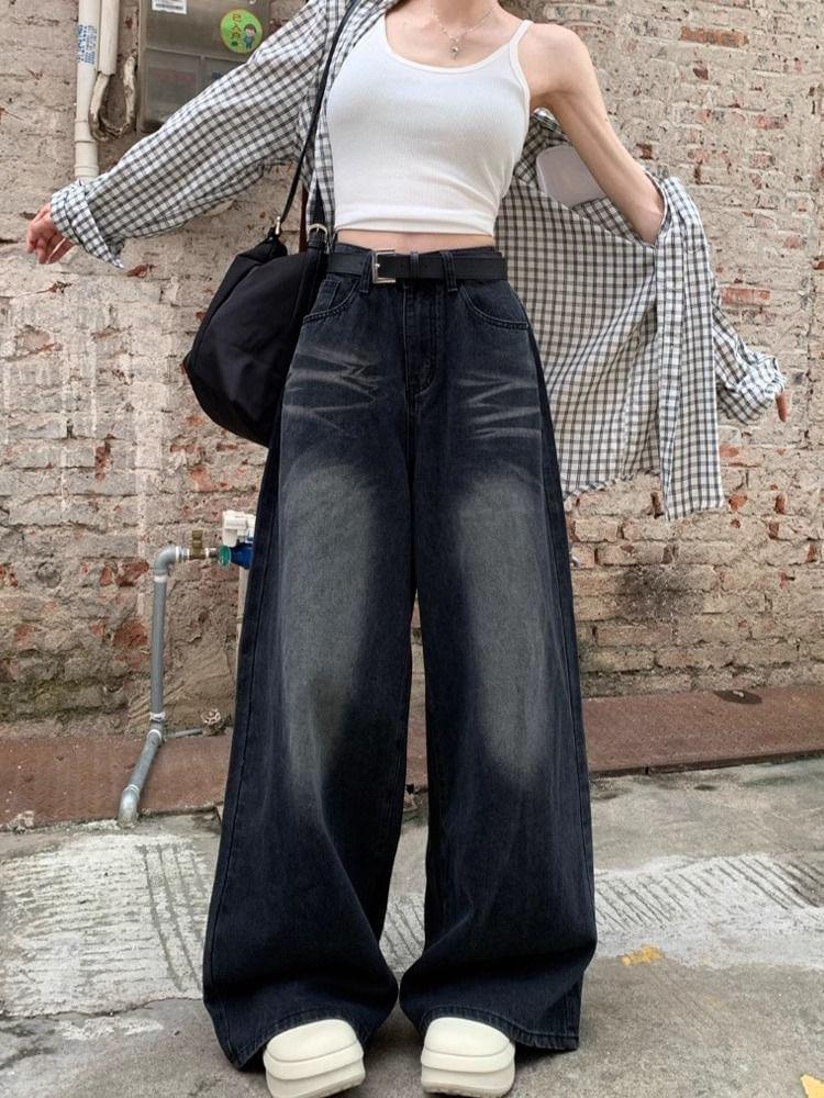 High Waist Washed Loose-Fit Wide-Leg Jeans Product Image