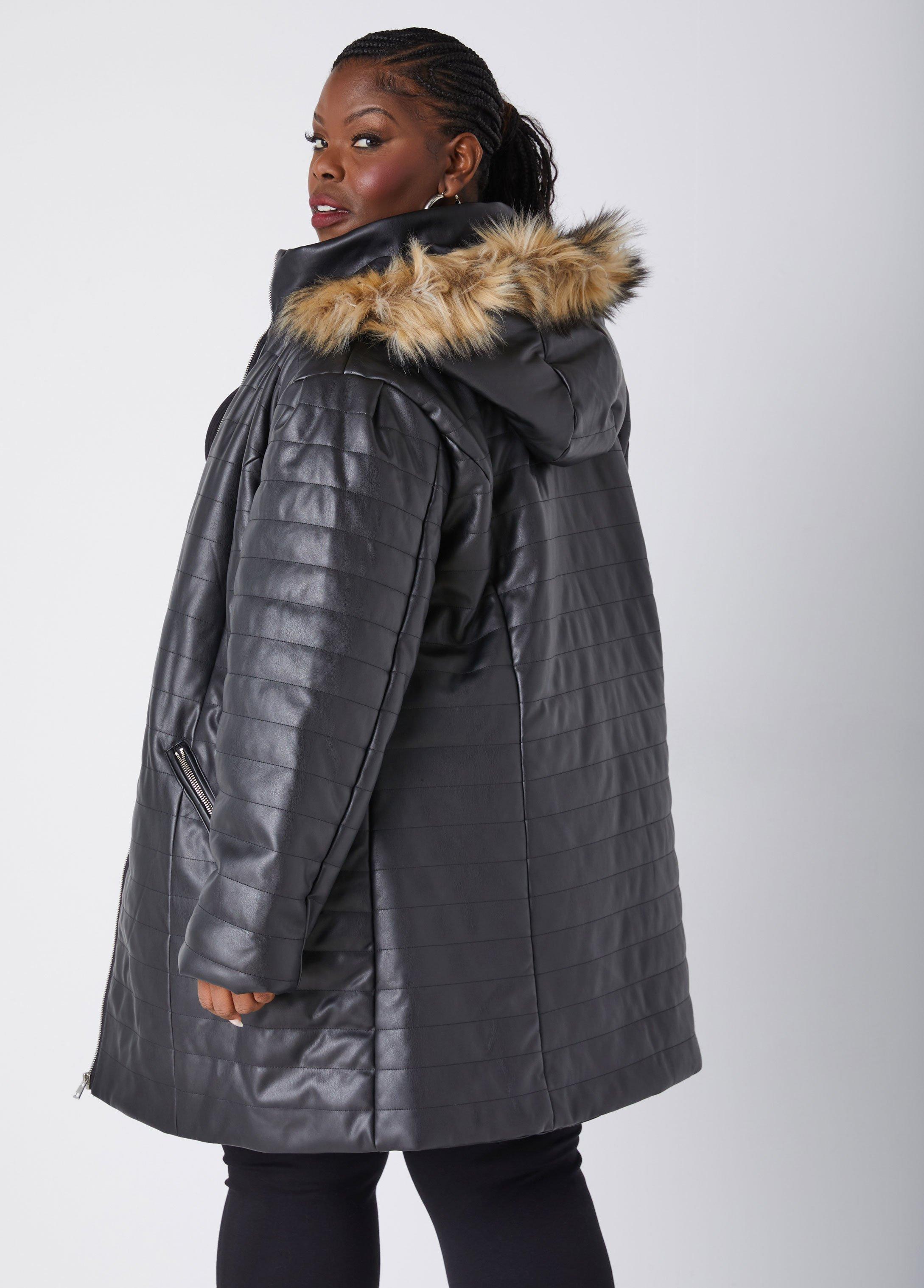 Hooded Quilted Faux Leather Coat Product Image