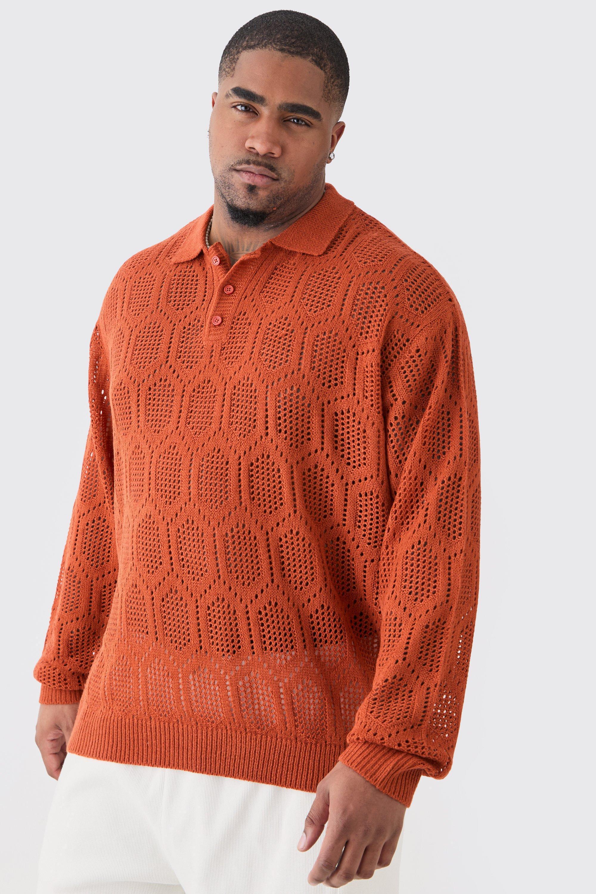 Plus Oversized Long Sleeve Crochet Knit Polo In Rust | boohooMAN USA Product Image