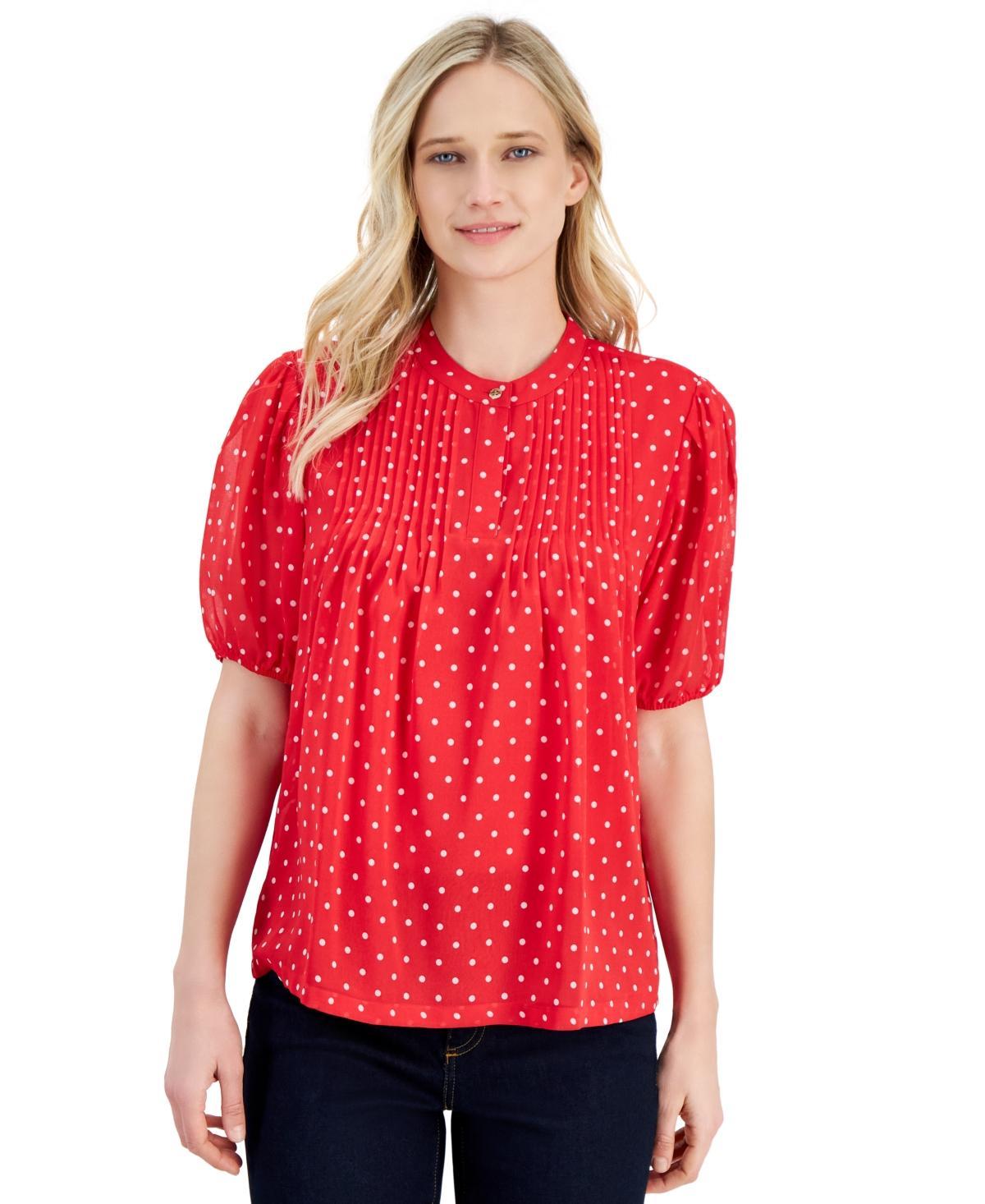 Nautica Jeans Womens Dot-Print Pintuck Short-Sleeve Blouse Product Image